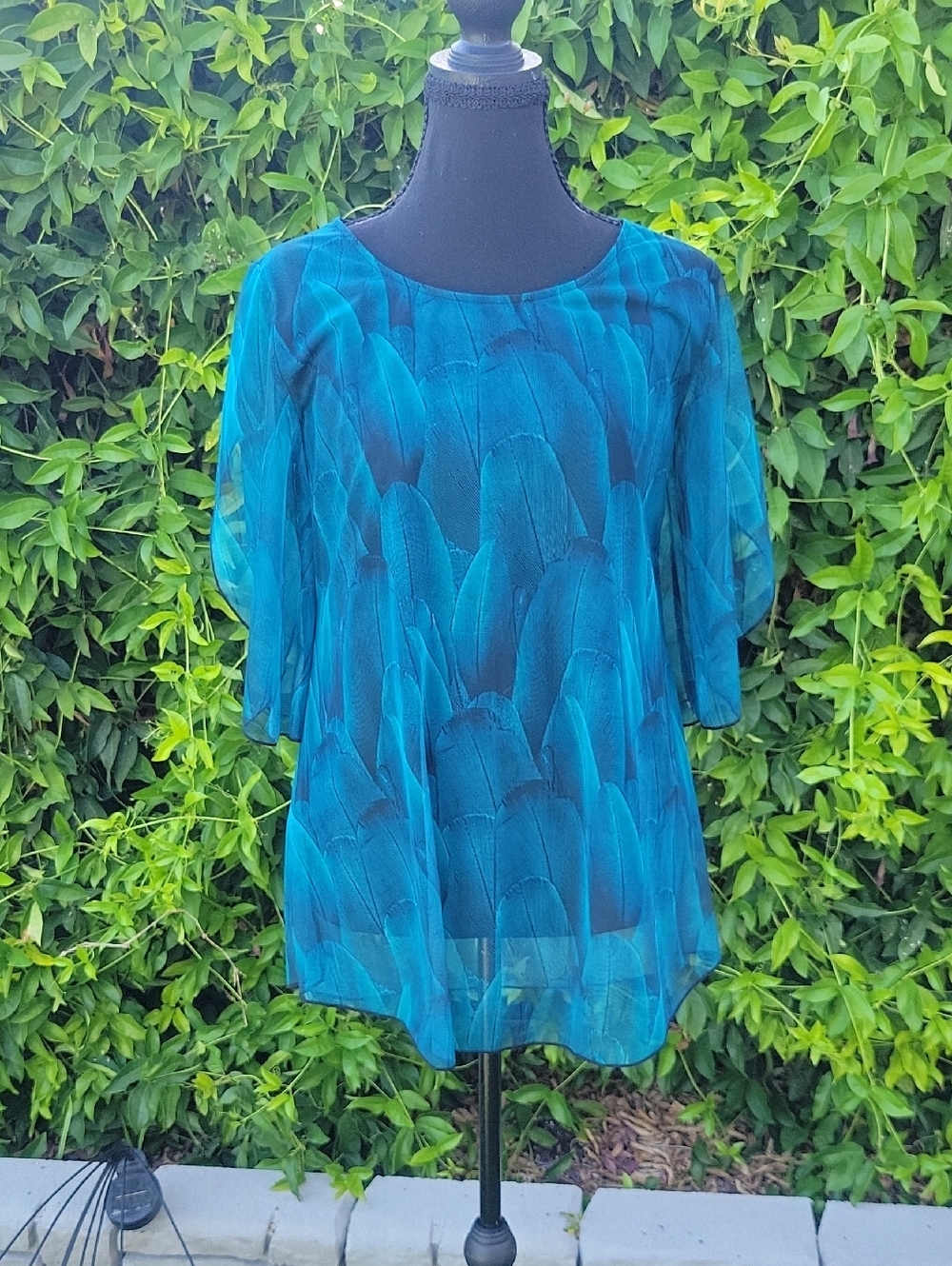 Sheer Teal Feather-Print Blouse - Flutter Sleeves Women's Top